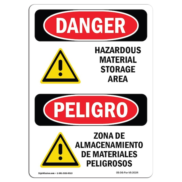Safety Sign, OSHA Danger, 5" Height, Hazardous Material Storage Area, Spanish, 10PK